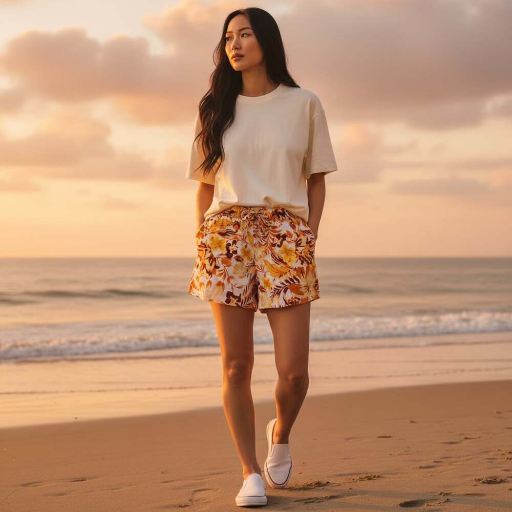 C&C California Simply Linen Tropical Floral Drawstring Shorts Orange Yellow Sz M